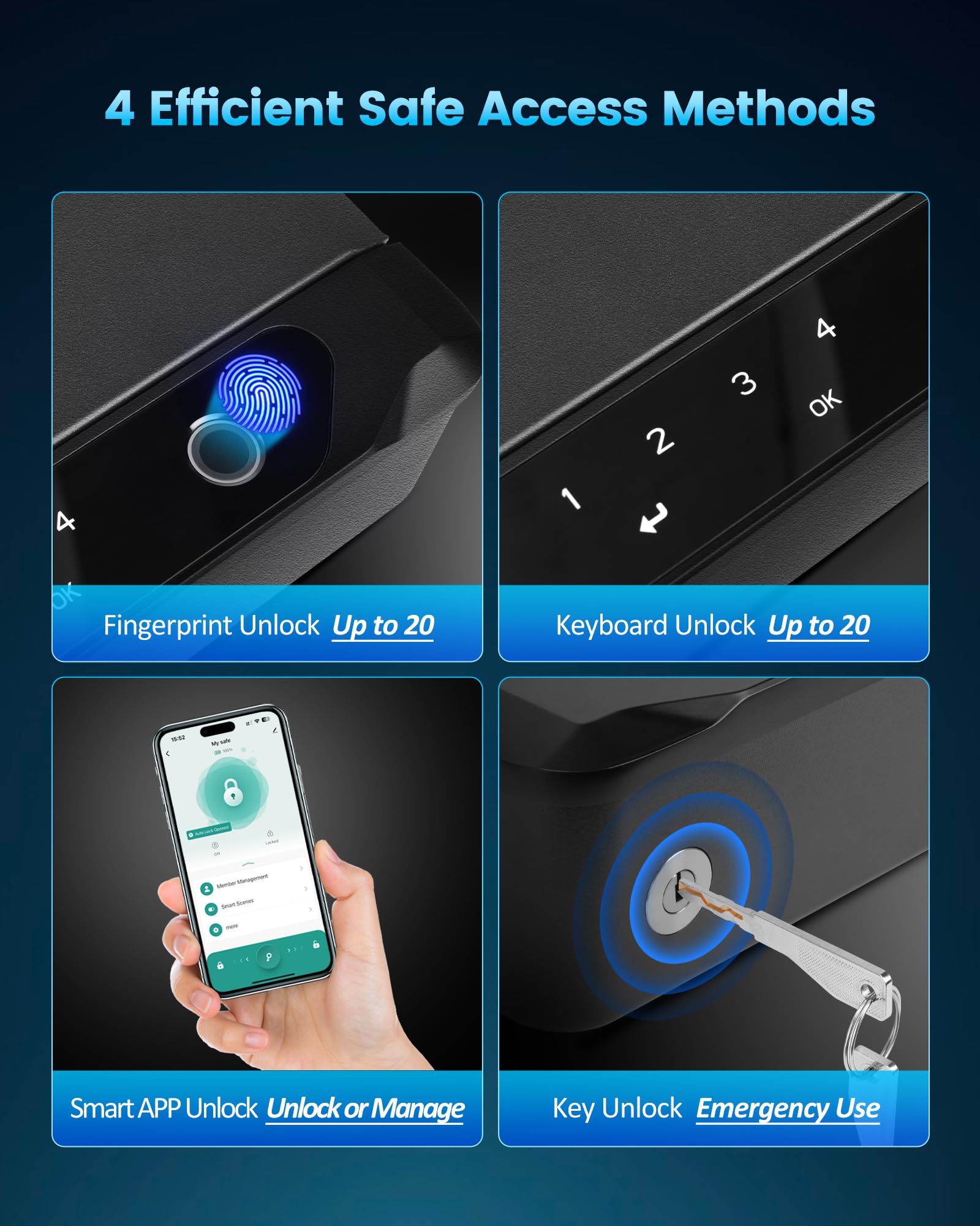 BOOSTEADY Caja fuerte biométrica inteligente para pistolas acceso rápido huella dactilar teclado digital llave app