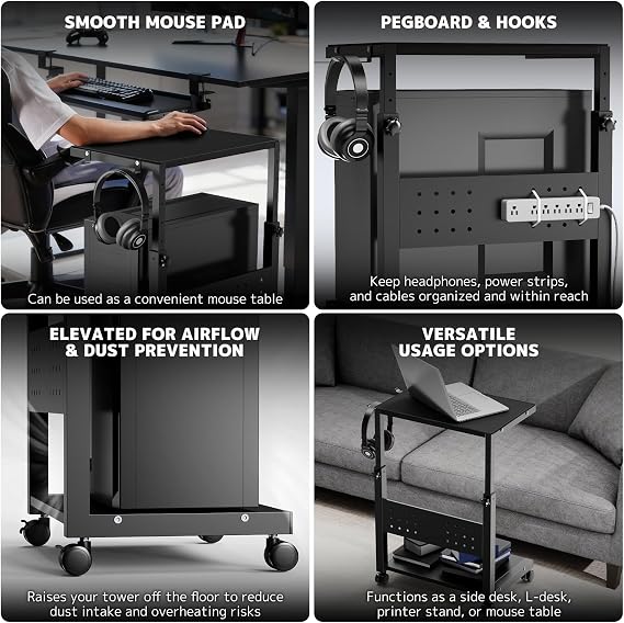 PUTORSEN Height Adjustable PC Tower Stand Cart with 2 Tiers,up to 40kg/Tier