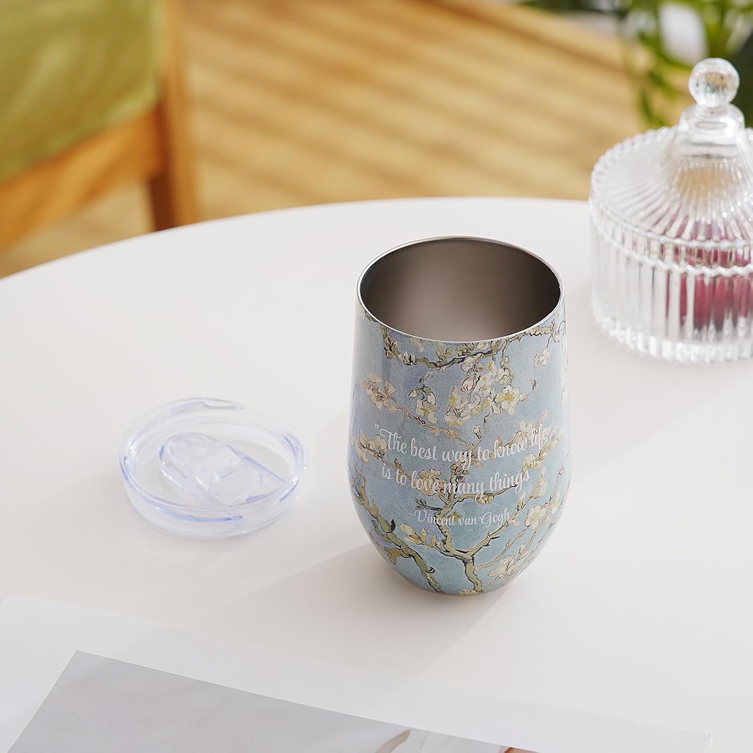 14oz Wine Tumbler with Lid, Van Gogh Art Motivational Tumbler, Double Wall Insulated Stainless Steel Mug for Art Lovers (Blossoming Almond Tree) - Image 3