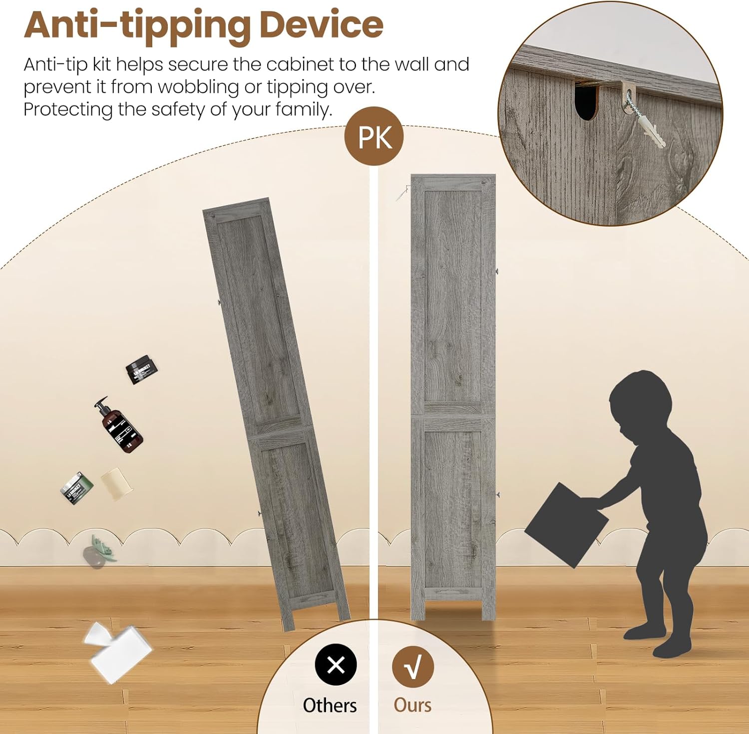 Illustration demonstrating the importance and function of the anti-tipping device for the Iwell 67-inch Tall Storage Cabinet.