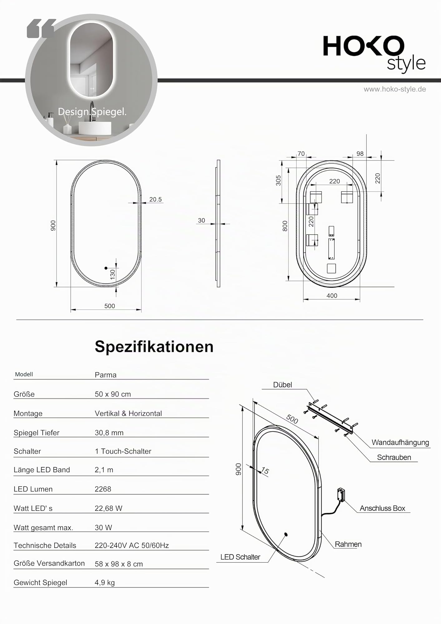HOKO Design Bad Spiegel oval 50x90 cm / 90x50 cm Parma+ Metall Rahmen Schwarz. HOCH+QUER Montage. LED Badspiegel, Schminktisch Spiegel, Touch Schalter+Licht Wechsel-Warmweiß-Kaltweiß-Neutral