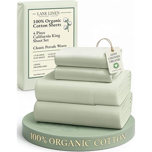 LANE LINEN Bedsheets California King Size Bed - 4Pc 100% Organic Cotton Cal King Bed Sheet Set, Soft Cooling Sheets, 15" Deep Pocket Cal King Sheets, Oeko Tex Certified - Mineral