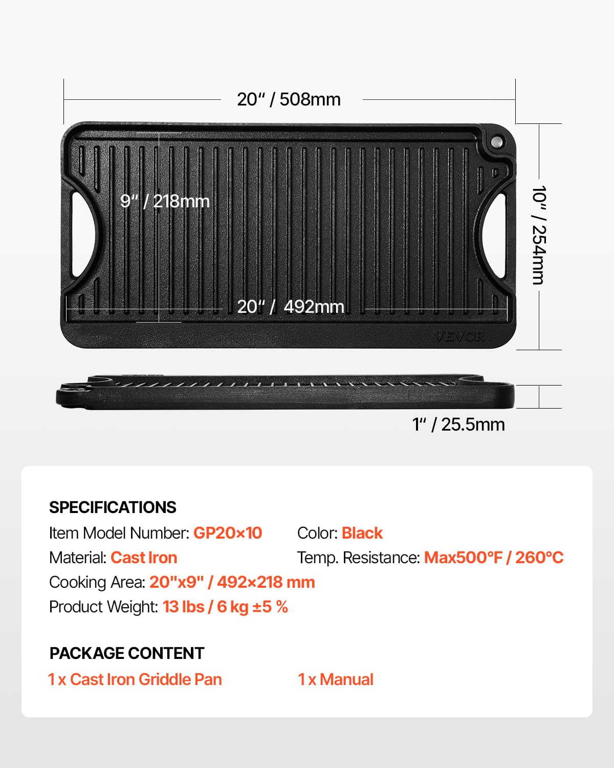 VEVOR Plancha Reversible de Hierro Fundido(492 x 218 mm), Sartén Rectangular Portátil con Asa, Utensilios de Cocina Familiares para Parrillas Interiores y Exteriores, Fácil de Limpiar, Negro