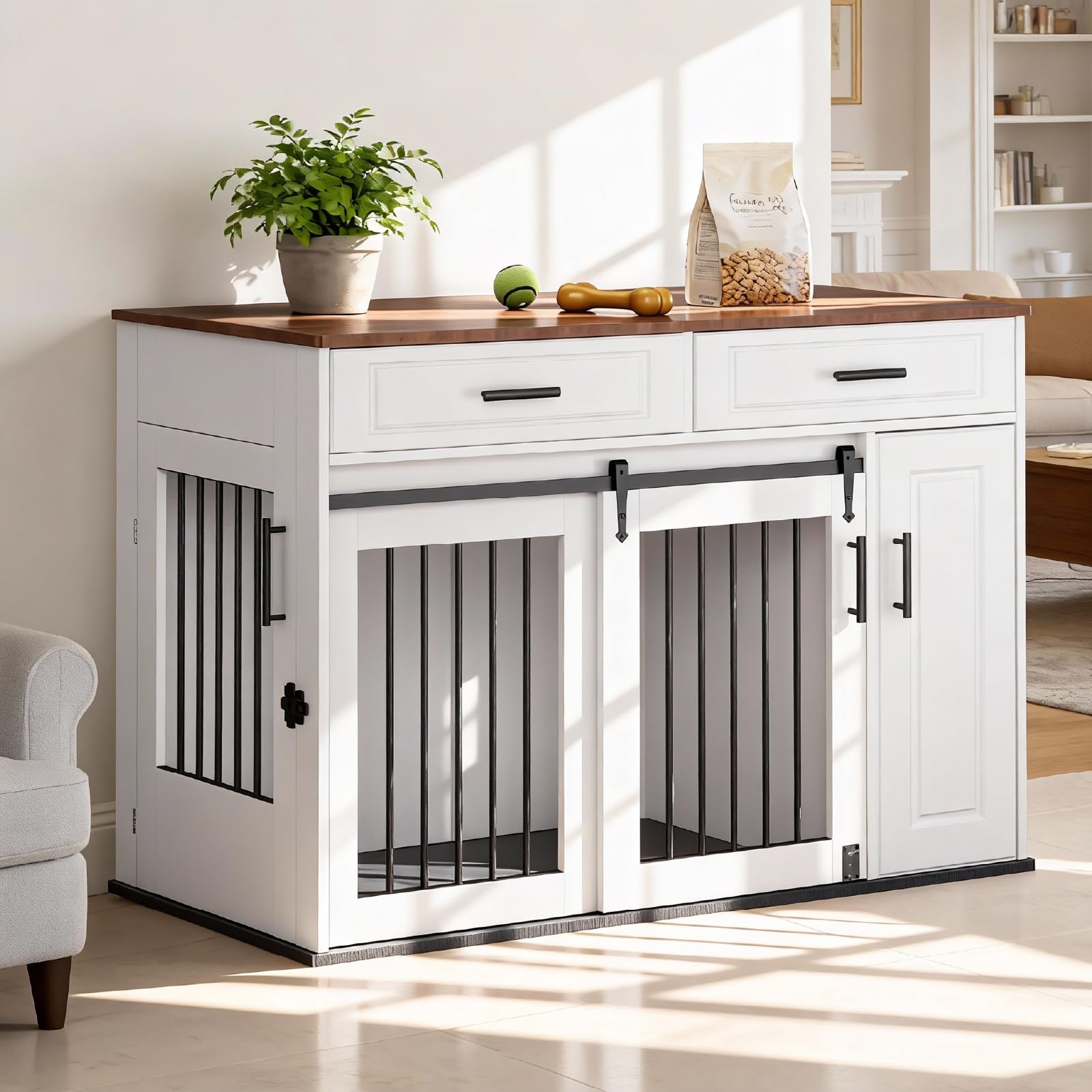 Möbelstil Hundebox, Holzbox mit Schiebetüren, Hundehütte mit 2 Schubladen und Lagerung Schrank, 2-türige Hundekiste für mittelgroße/große Hunde, Indoor Tierhaus, Weiß