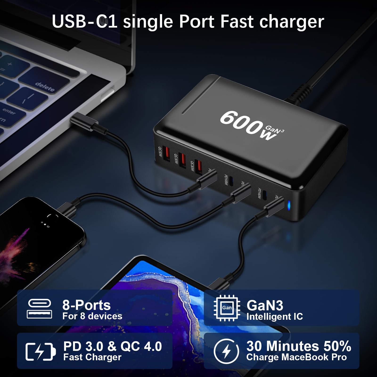 Caricatore USB C da 600 W, multiuso, 8 porte USB, ricarica rapida USB con 5 USB-C e 3 caricabatterie USB-A PD PPS 140 W USB C alimentatore di rete per MacBook Pro/Air,iPad Pro/Air,Sumsung ecc