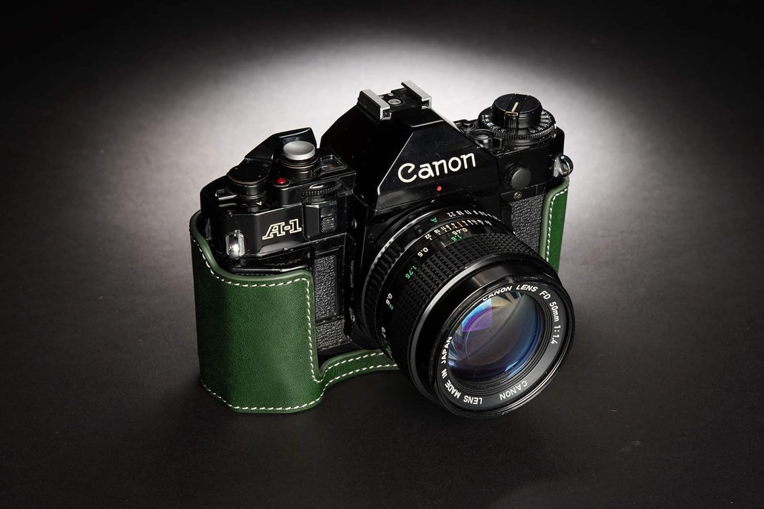 A-1 Case, BolinUS Handmade Genuine Real Leather Half Camera Case Bag Cover for Canon New AE-1 AE-1P A-1 (with Handle) Camera with Hand Strap (Green)