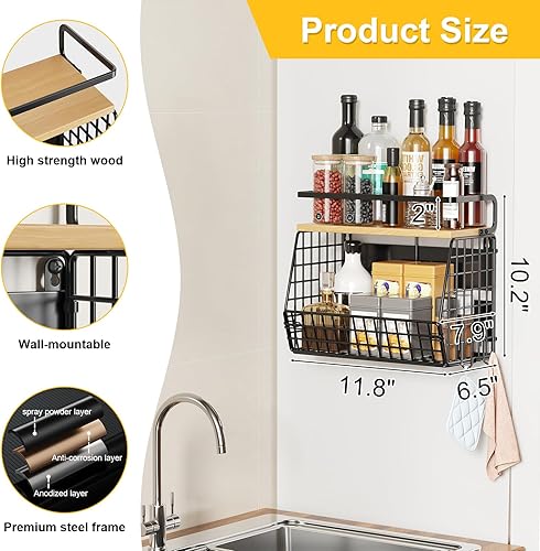 Miniatura 3 de Estante magnético para refrigerador con tapa de madera, organizadores de almacenamiento de cebollas y papas, cesta colgante de pared con 4 ganchos,