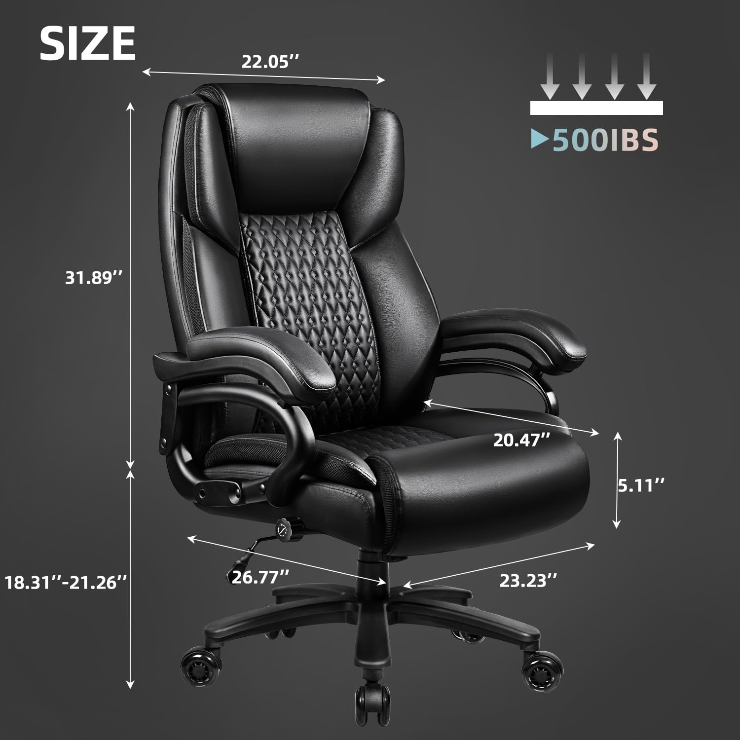 VITESSE 500lbs Heavy Duty Office Chair for Low Back Pain Relief, Big and Tall Office Chair with Ergonomic Lumbar Support, High Back Executive Chair with Quiet Rubber Wheel