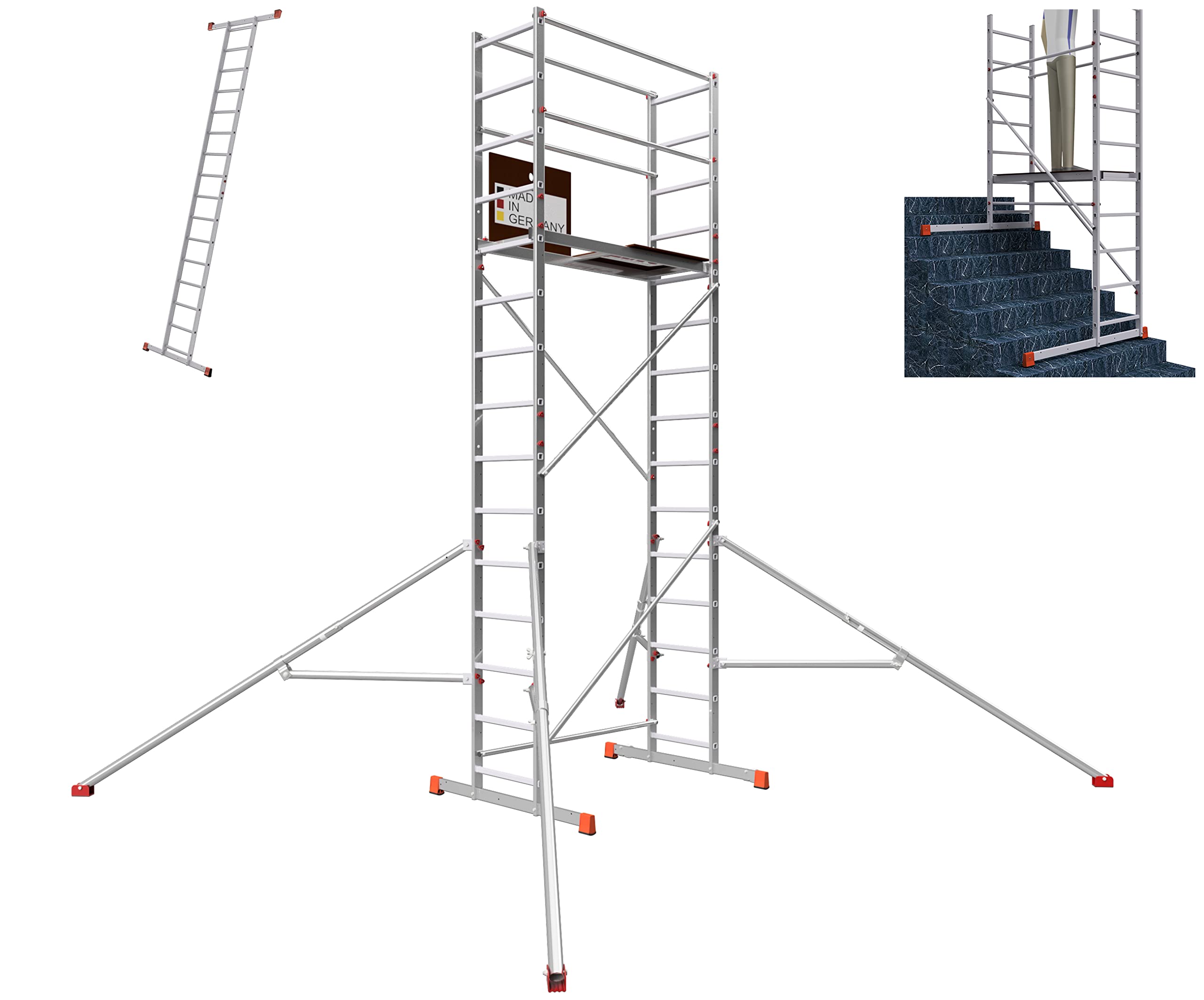 ALTEC AluCombine 4.0 - Échafaudage en aluminium avec 4 pieds et stabilisateurs - Plateforme de travail - Échafaudage de montage - Échelle simple (5 m)