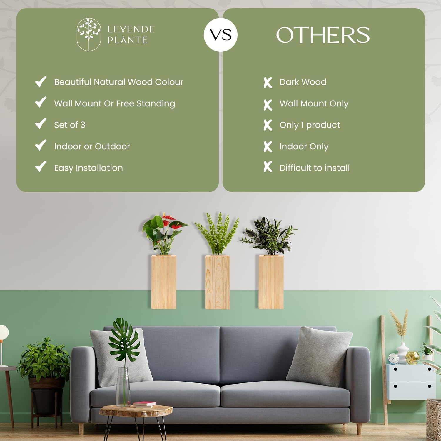 Pine Wood Wall Mount Planters - Set of 3, Modern Wall Vases for Flowers, Perfect for Bedroom, Bathroom, and Living Room Decor, Wall Flower Pots for Dried Floral Decorations