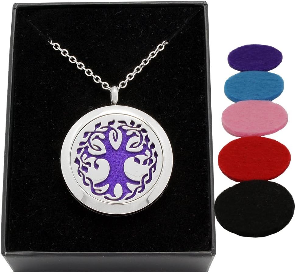 Eternal Tree of Life Essential Oil Diffuser Necklace - Premium 316L Surgical Stainless Steel with 24" Chain, Beautiful Gift Box and 5 Pads for Aromatherapy