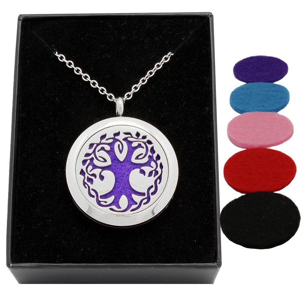 Eternal Tree of Life Essential Oil Diffuser Necklace - Premium 316L Surgical Stainless Steel with 24" Chain, Beautiful Gift Box and 5 Pads for Aromatherapy