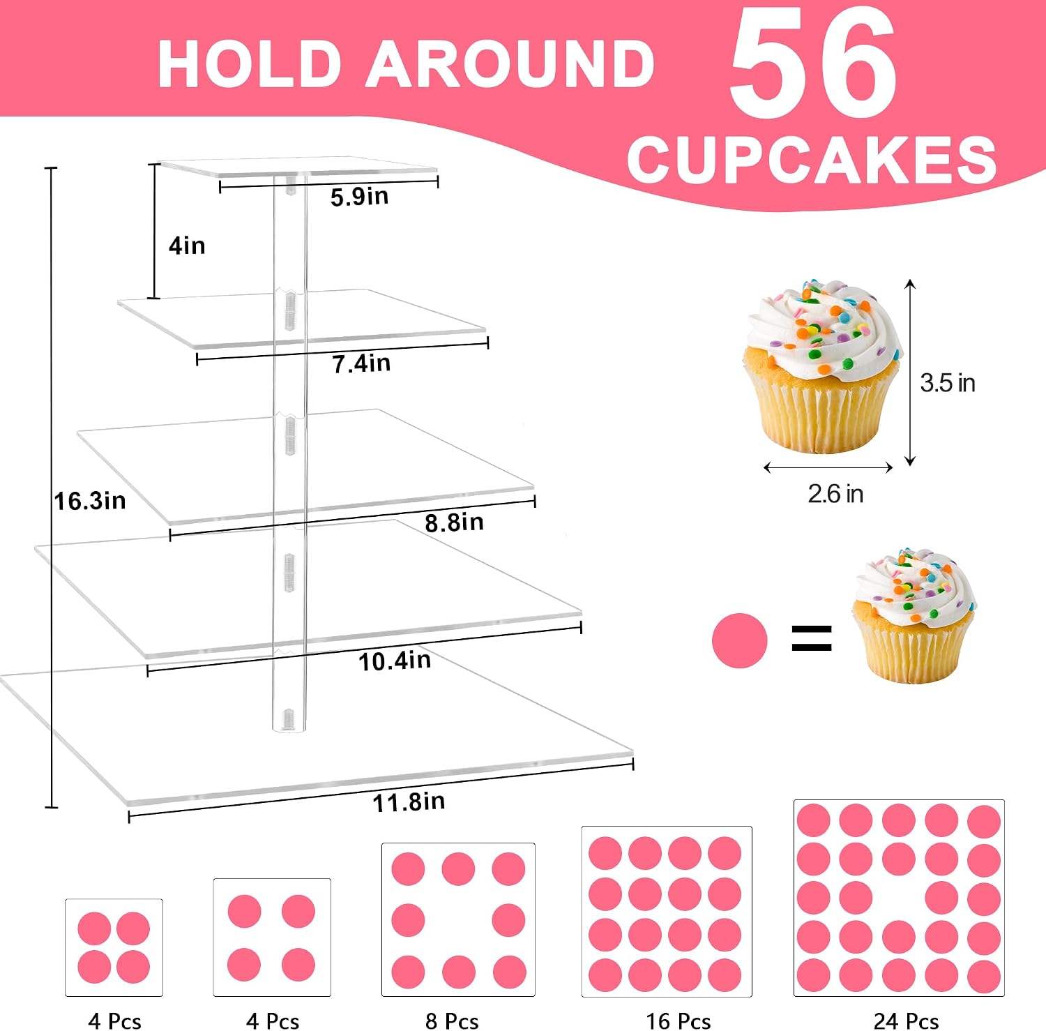 weddingwish 5 Tier Cupcake Stand, Acrylic Cupcake Tower Stand, Square Tiered Display Stand, Clear Dessert Table Display Stand for Wedding,Birthday,Party