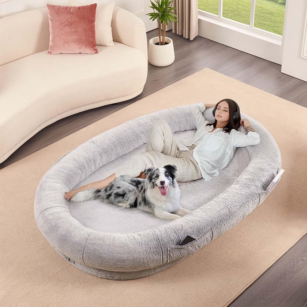 unipaws Lit Humain pour Chien et Animaux de Compagnie, Panier géant Chaud et Confortable en Fausse Fourrure, Mousse à mémoire de Forme épaisse, Housse détachable avec Couverture Incluse