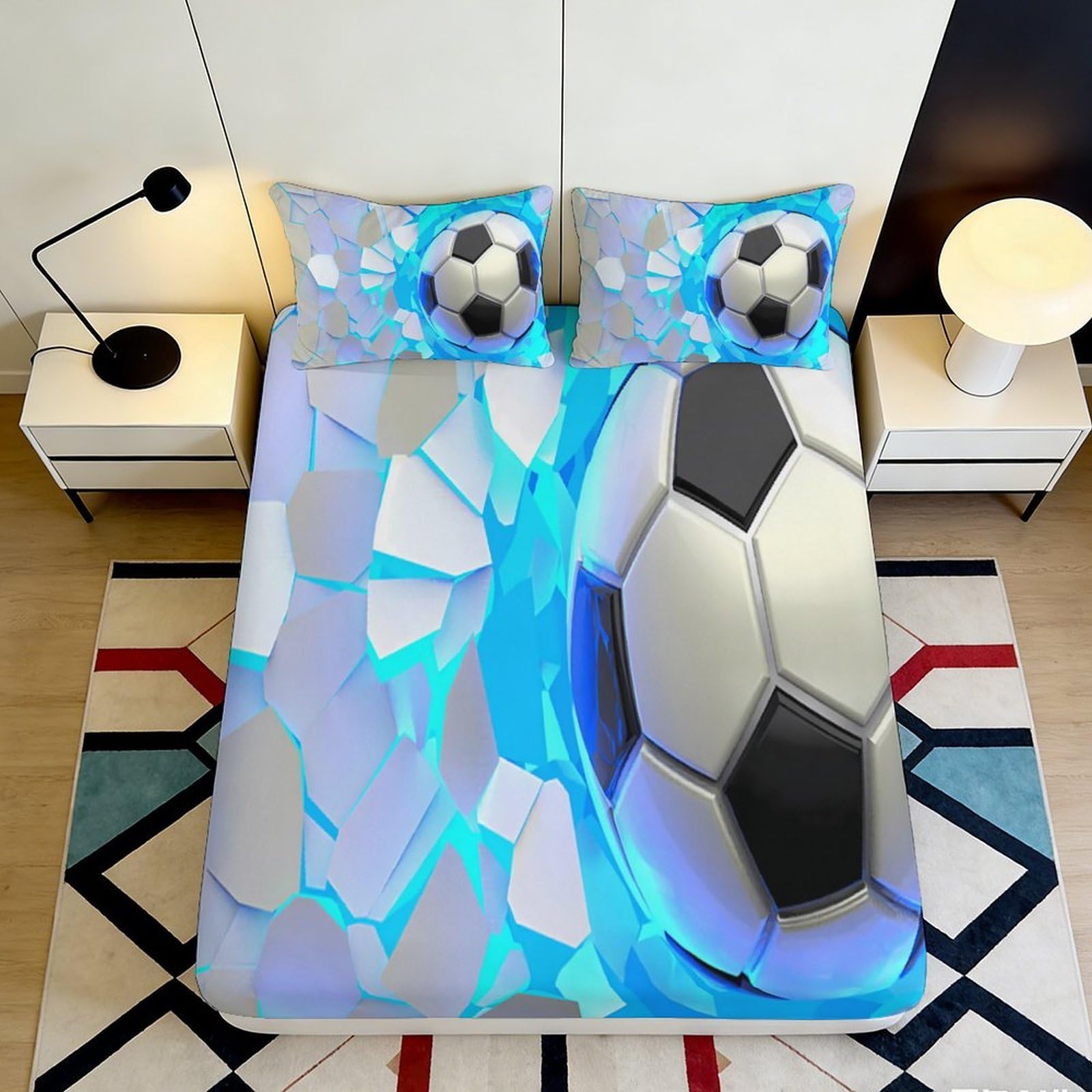 3D Printed Soccer Field Fitted Sheet Microfiber Soft Sports Ball Bed Cover for Bedroom Guest Room Decor Easy Care 90x200x25cm