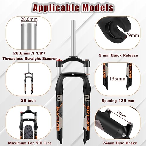 Miniatura 2 de BUCKLOS 26 x 4.0 pulgadas Fat Tire MTB Horquilla de suspensión, 3.937 in cubo de espaciado de viaje 5.315 in 1 18 tubo recto Bloqueo manual 0.354 in