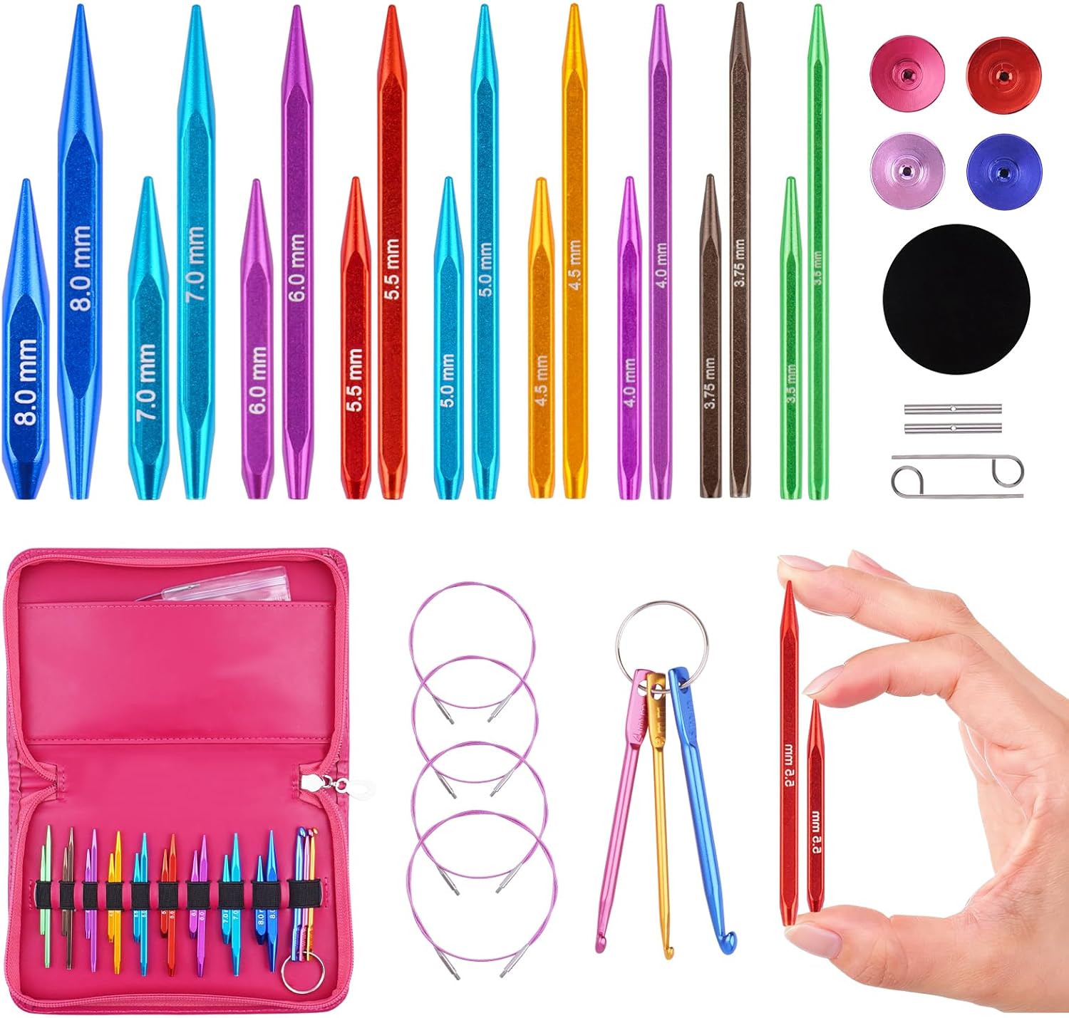 Hobekoee Short Interchangeable Knitting Needles Set 9 Pairs Square Circular Knitting Needles with Case 3.5mm-8.0mm