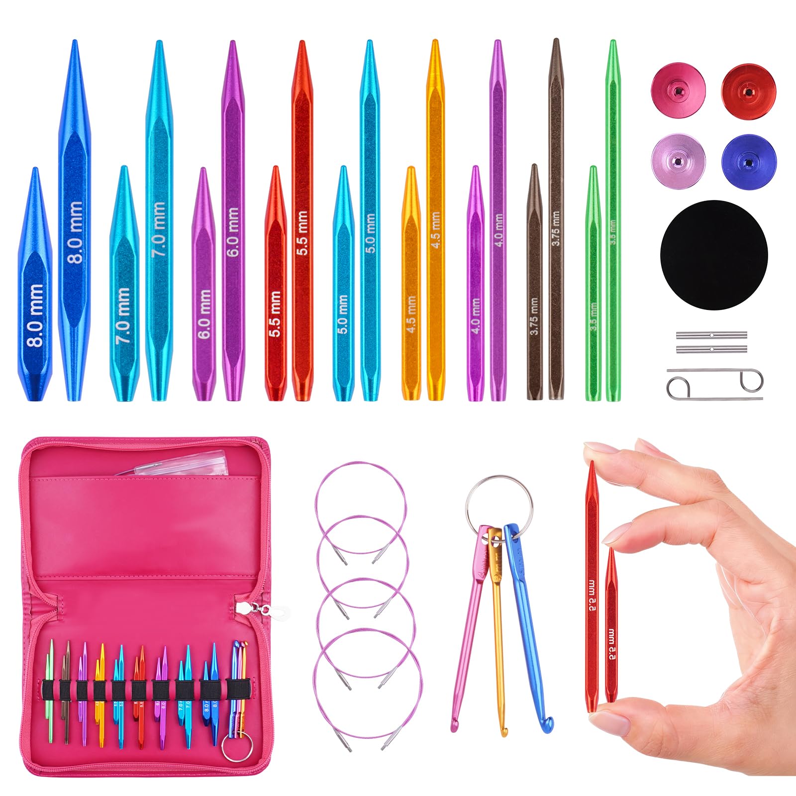 Hobekoee 2-Inch＆3-Inch Interchangeable Knitting Needles Set 9 Pairs Square Ergonomic Circular Knitting Needles with 4 Cables,Short Aluminum Needles Kit 3.5mm-8.0mm