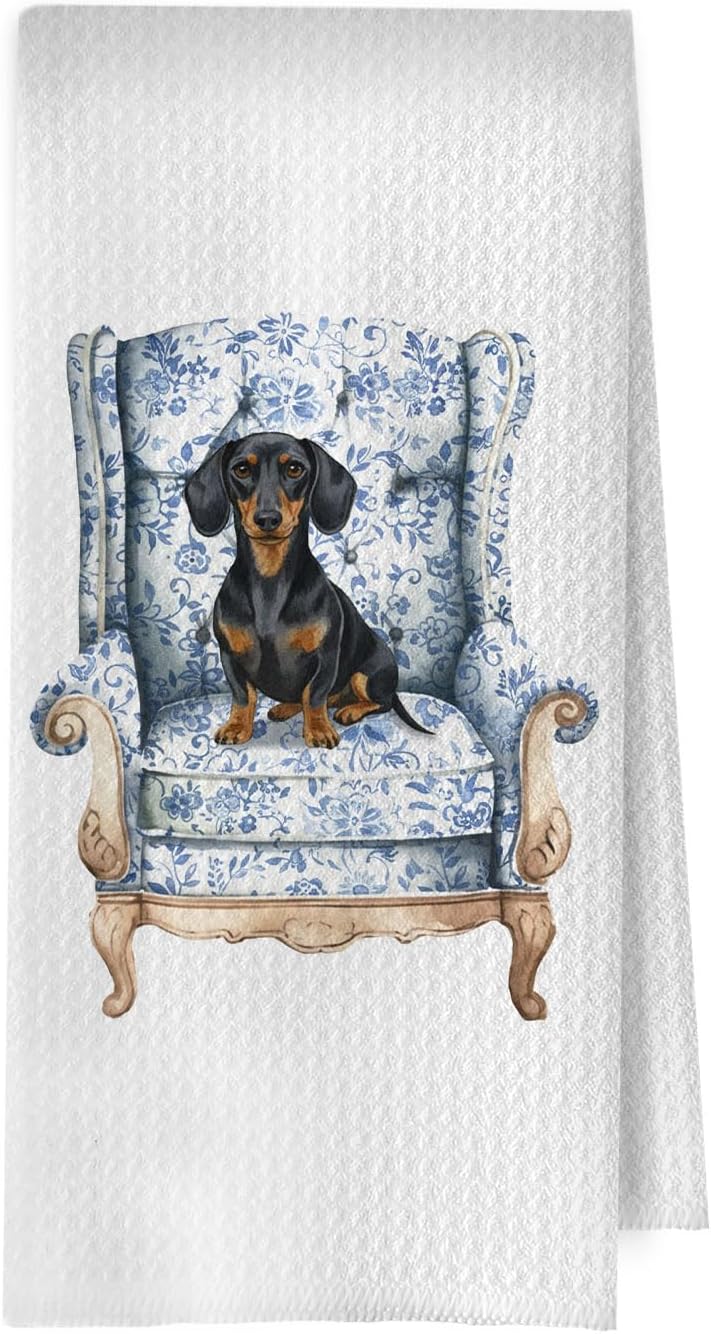 Australian Cattle Grandmillennial Towel - Australian Cattle Chinoiserie Decorative Waffle Dish Towels, Blue and White Hand Towels, Dog Tea Towel for Kitchen, 16x24 Inch