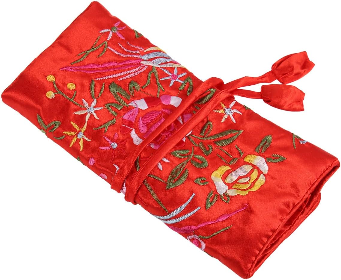 Ipetboom Jewelry Pouch with Drawstring Handmade Embroidered Travel Makeup Bag Jewellery Roll Bag Organizer for Earrings Bracelets