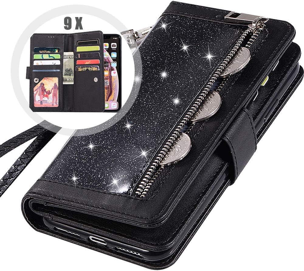 Auker iPhone XR Bling Wallet Case with Strap for Women, 9 Card Holder Folio Flip Glitter Leather Zipper Wallet Case w/Fold Stand&Money Pocket Sparkly Full Protective Purse Case for iPhone XR (Black)