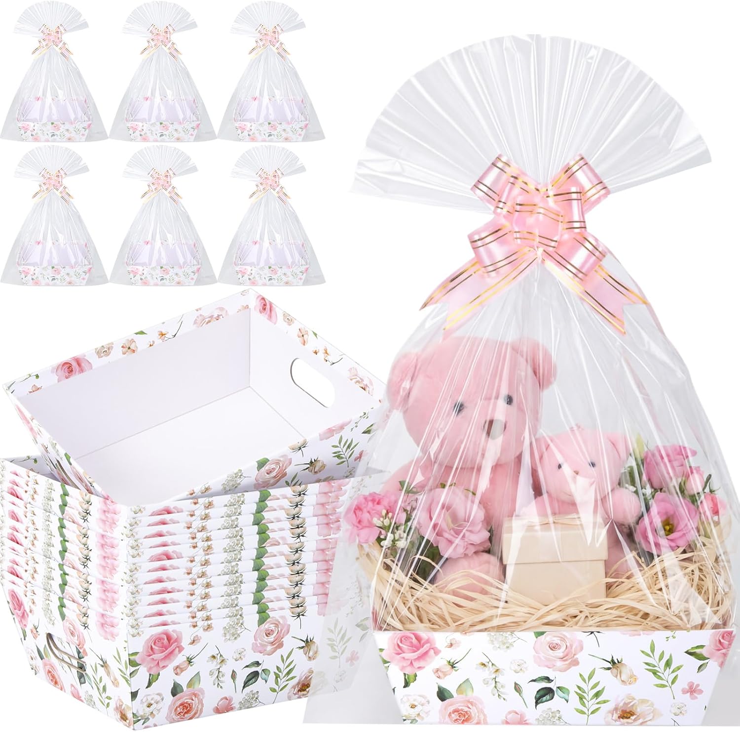 ForraFun 12 Pcs Checkered Baskets for Gifts Empty with Plastic Bag Ribbon Bow 8x10'' Black and White Cardboard Gift Wrapping Basket with Handle for Racing Themed Party Decorations Birthday Supplies