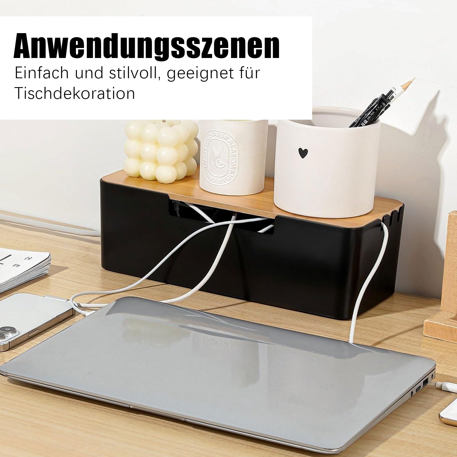Pudełko na kable, organizer na kable z drewnianą pokrywą, 30 x 13 x 10 cm, z tworzywa sztucznego, z opaskami kablowymi i uchwytem na kable, pudełko na gniazdko elektryczne, na przedłużacz, paski
