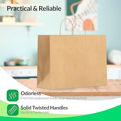 Miniatura 3 de BAGKRAFT Bolsas de papel kraft  100 bolsas de papel marrón de 16 x 6 x 12 pulgadas con asas a granel, grandes bolsas de papel reciclado, ideales