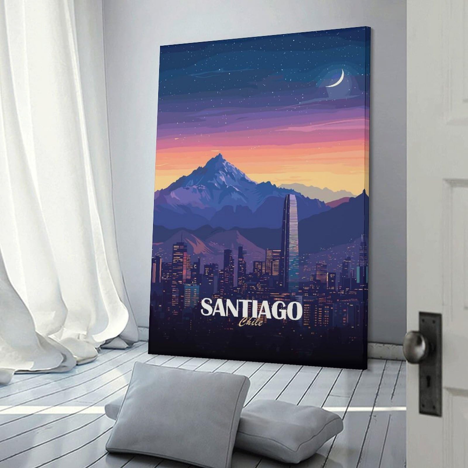 Junmoney Santiago, Chile Cityscape at Night Room Decor Wall Art, 24x36inch(60x90cm), for Bedroom Walls, Guest Spaces Or Lounges, Stylish Decor for A Restful Room Update