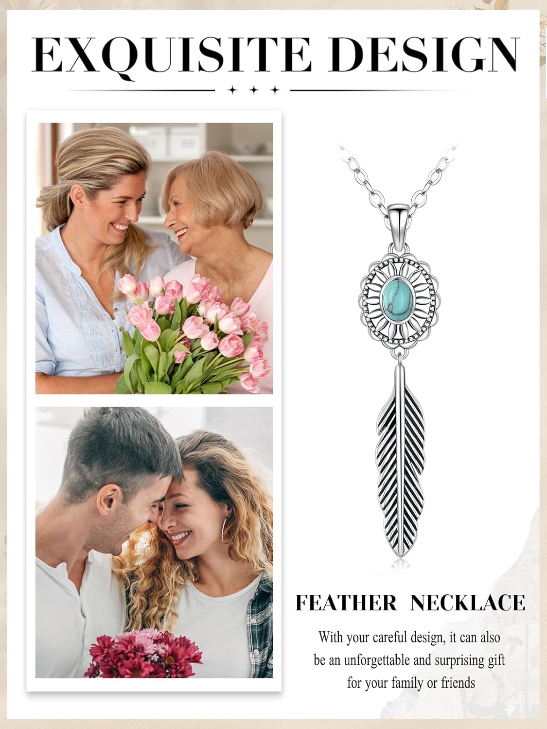 Turquoise Feather Necklace 925 Sterling Silver Feather Pendant Native American Jewelry Vintage Gift for Women Birthday - Image 7