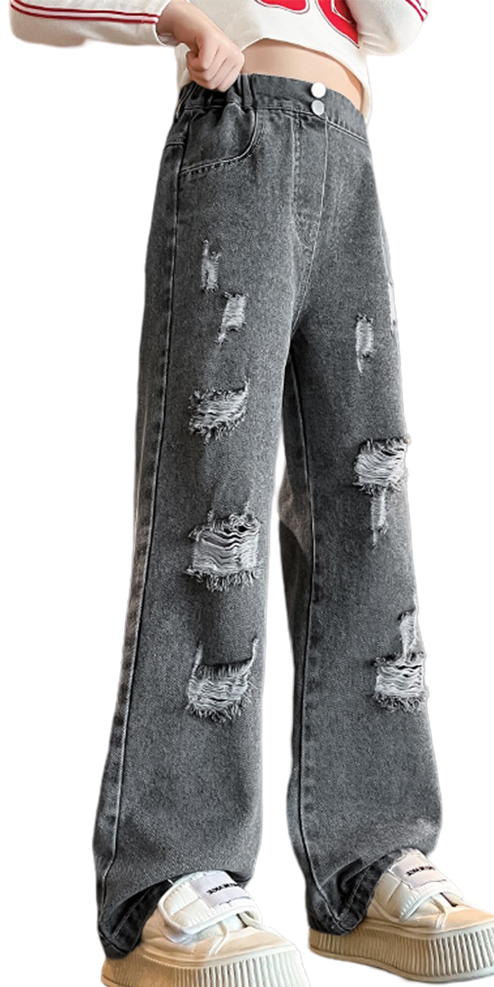 FEOYA Dziewczęce spodnie dżinsowe dla dzieci, spodnie dżinsowe, szerokie nogawki, streetwear z kieszeniami, dla nastolatków, vintage, Y2k, Baggy, jeansy Wide Leg 120-170