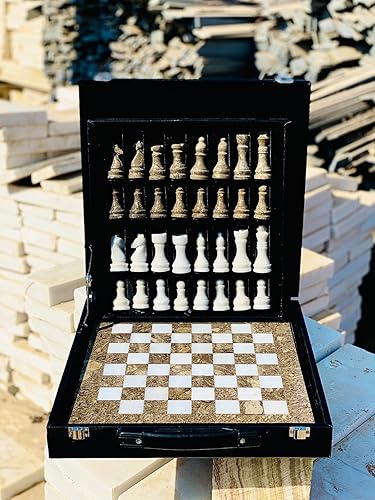 Juego de ajedrez de mármol hecho a mano de 15 pulgadas con caja de regalo de piel sintética negra, tablero de ajedrez de piedra premium y piezas
