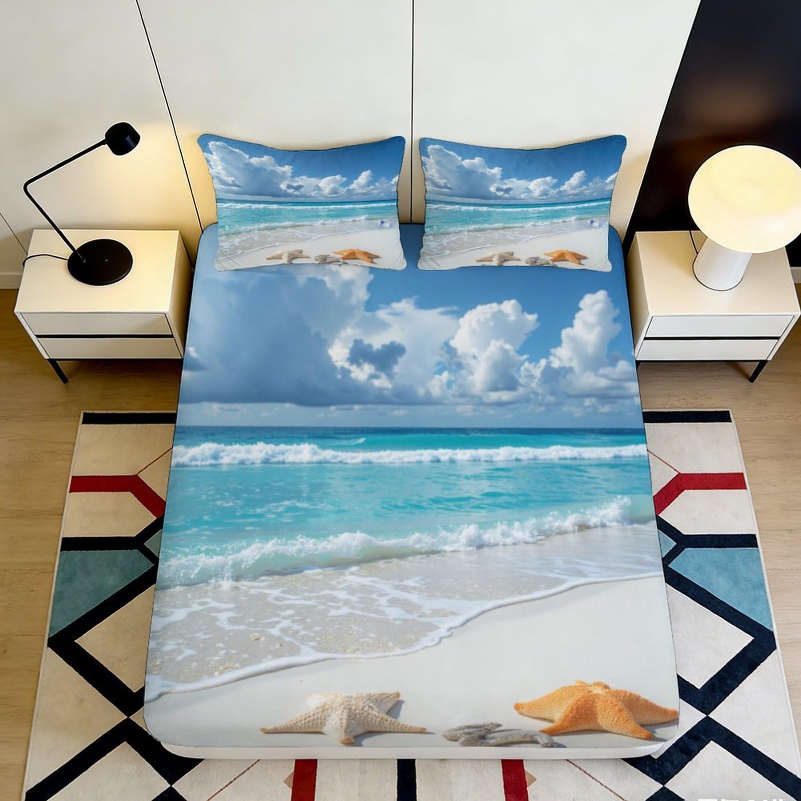 Jqzkxnhpbr Style-2 3D Printed Ocean Beach Fitted Sheet Microfiber Soft Blue Sky Starfish Mattress Cover For Bedroom Decor 90X200x25cm