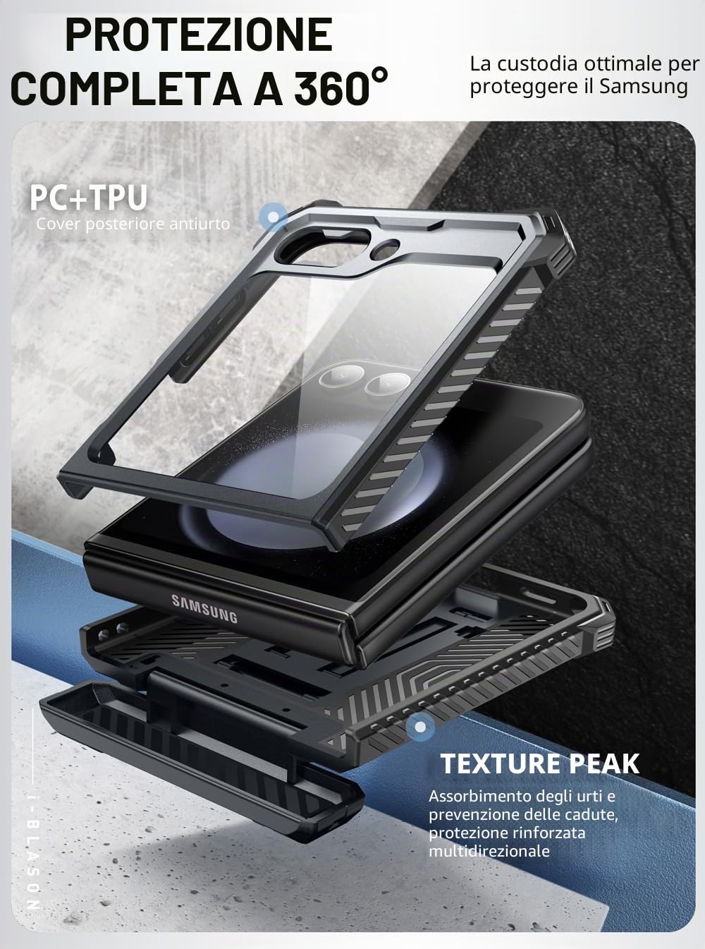 i-Blason Cover per Samsung Galaxy Z Flip 6 con Supporto, [Protezione Schermo Integrata] [Protezione Cerniera] [Clip da Cintura], Custodia Protettiva Militare per tutto il corpo (Nero)