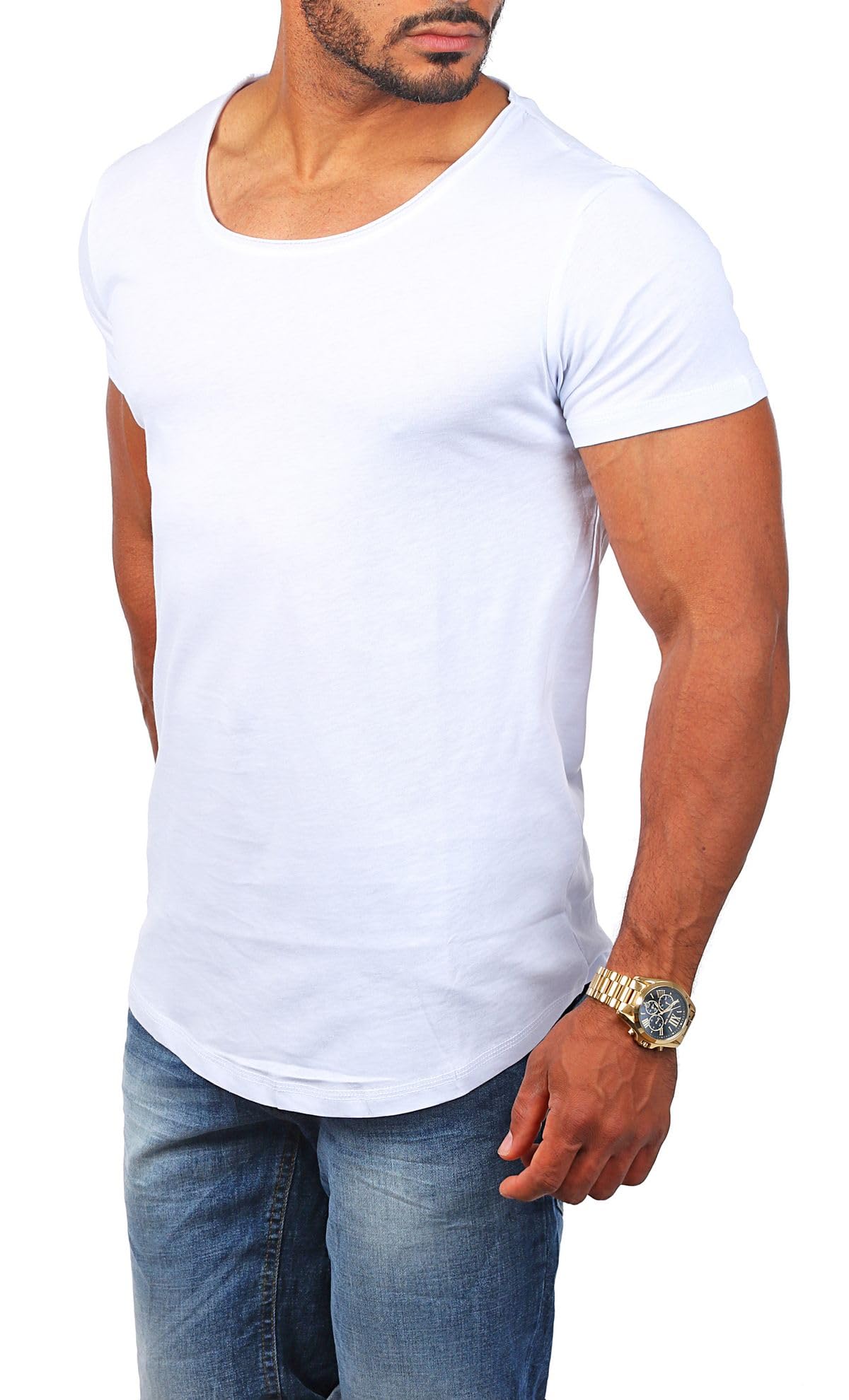 Young & Rich Herren Uni T-Shirt mit tiefem Rundhals Ausschnitt einfarbig körperbetontes Basic Tee Vintage Look - 1702 5er Pack