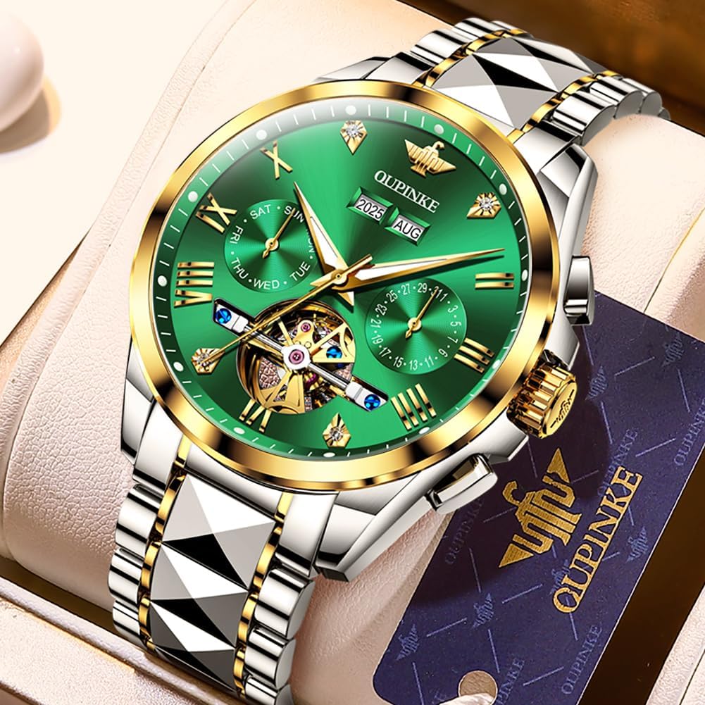 OUPINKE Relojes automáticos para hombre, esqueleto, mecánico, cuerda automática, reloj de pulsera de lujo, vestido de negocios, diamante, acero de tungsteno, cristal de zafiro, calendario, Correa de