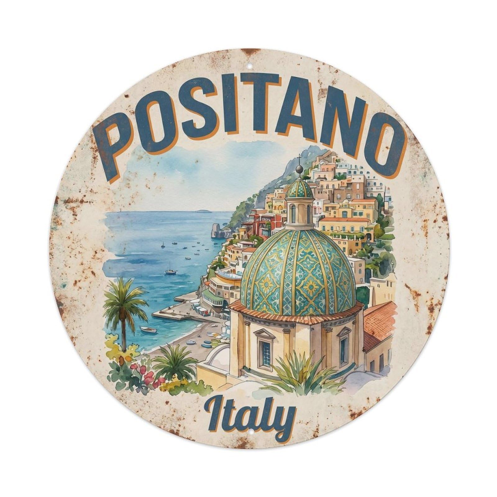 Travel Positano Coastal Amalfi Riviera Classic Journey Metal Tin Sign Plaque Wall Decor for Cafe, Man Cave, Club Bar, Office, Home Garden Round Metal Poster 8x8Inch