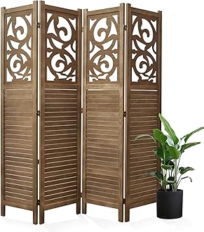 Room Divider Wood Carved Wall Divider Indoor Folding Portable Partition Screen for Home Office Garden Terrace - 4 Panel, 67 * 60inch (Dark Brown)
