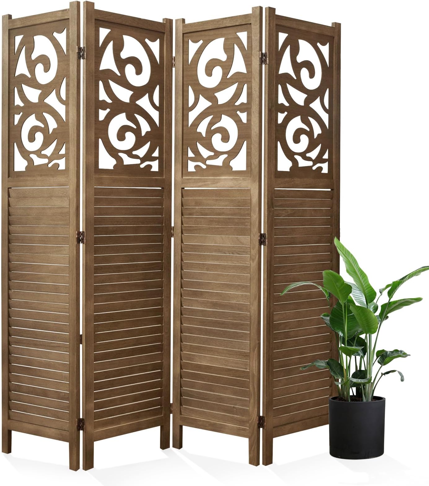 Svimi Room Divider Wood Carved Wall Divider Indoor Folding Portable Partition Screen for Home Office Garden Terrace - 4 Panel, 67 * 60inch (Dark Brown)