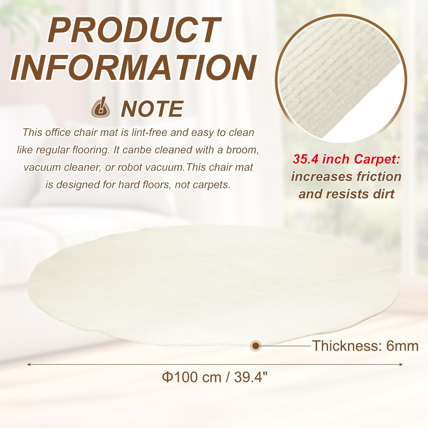 PATIKIL 39.4in Office Chair Mat, Round Desk Chair Mat Hard Floor Rug Protector Anti-Slip‌ Polyester Fabric for Computer Rolling Chairs Carpet Hardwood Floor Recliners Swivel, Beige
