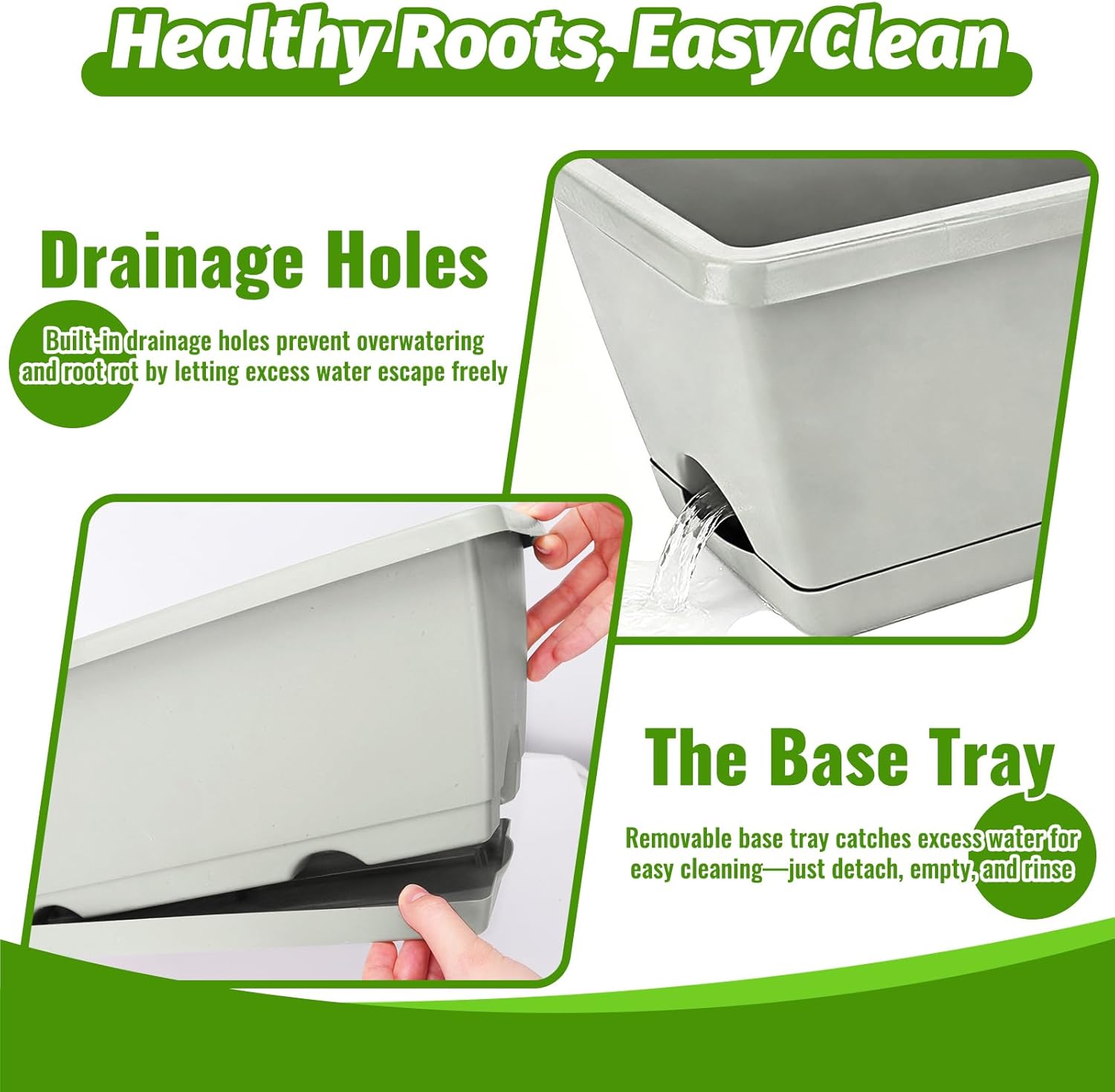 7 Pack Outdoor Planters, Plastic Rectangular Flower Pots with Saucers and Gardening Tools, 17 Inches for Indoor/Outdoor Plants, Herbs, Vegetables, Includes Trowel, Waterproof Mat & Gloves(Offwhite)