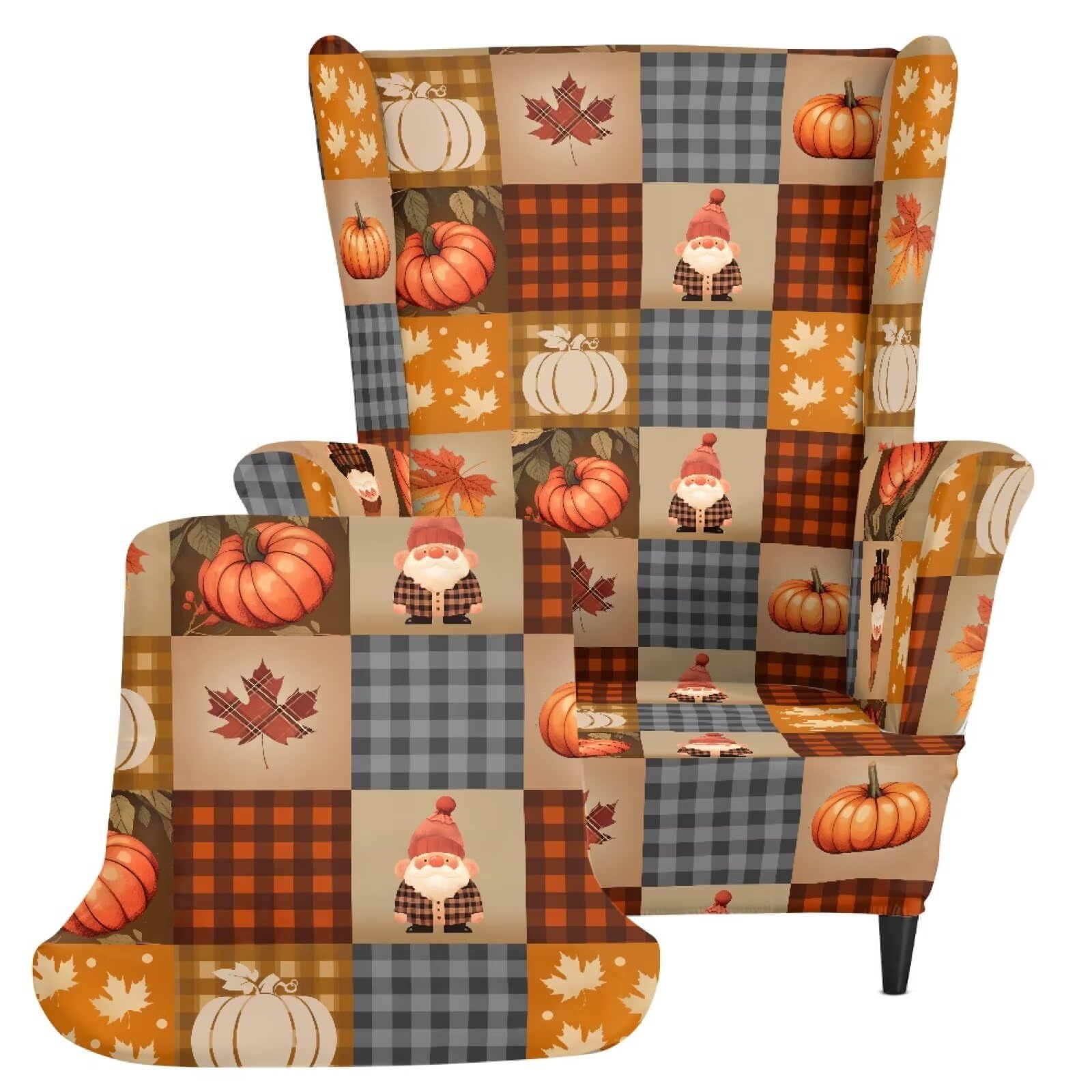 Biyejit Fall Genie Pumpkin Maple Leaves Plaid Wingback Sofa Slipcover — image 1