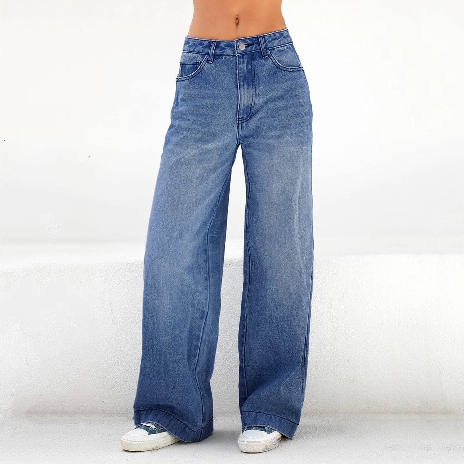 DGZTWLL - Pantaloni sportivi da donna, con tasca con cerniera, a vita alta, in denim, gamba larga, per spiaggia, formale