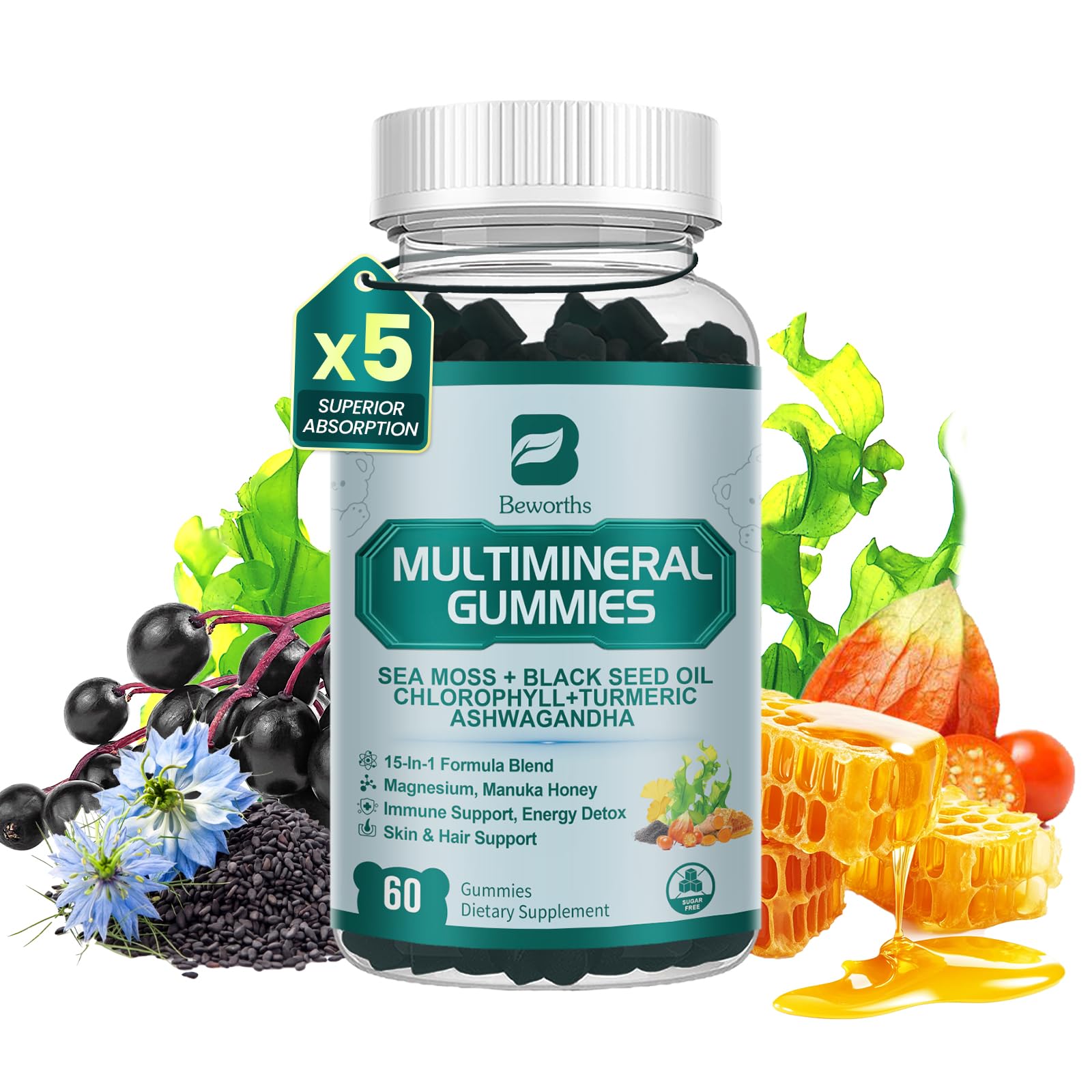 Sea Moss Gummies with Ashwagandha & Chlorophyll, Immune, Digestive and Gut Detox Support, Powered by Black Seed Oil, Vitamin C, Vitamin D & Magnesium, GMO, Vegan, Apple Flavor, 60 SeaMoss Gummies