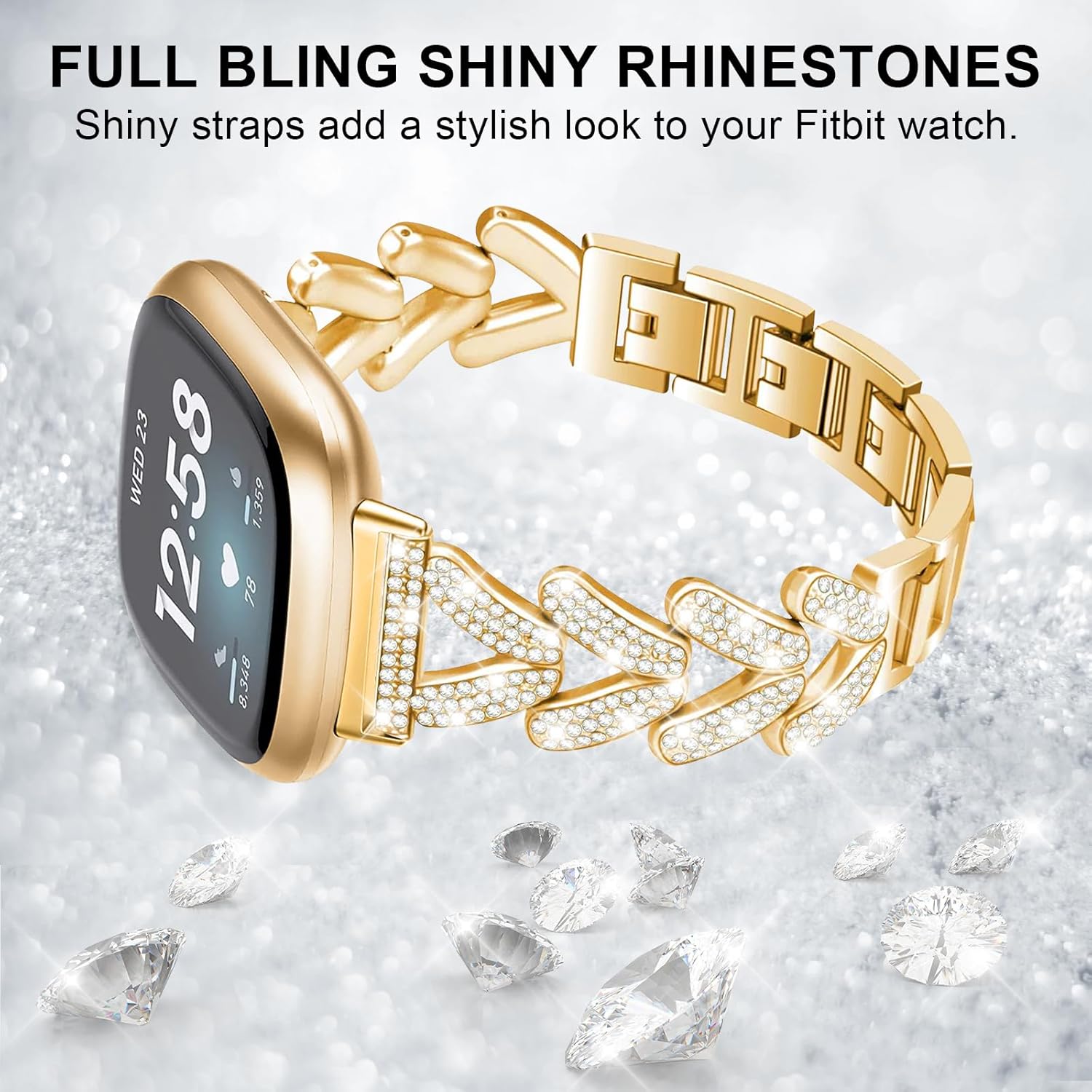 for Metal Bands, Compatible for Fitbit Versa 4/Versa 3/Fitbit Sense 2/Sense Band Smart Watch, Sparkling Bling Shiny Diamonds Bracelet for Women - Image 4