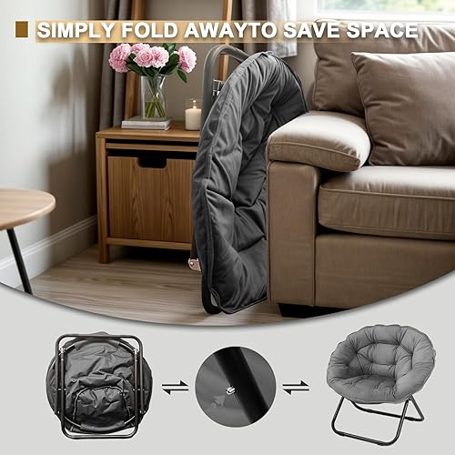 Vista 6 de Silla plegable con platillo, silla Lazy Moon con marco de metal, cómodas sillas de dormitorio para dormitorio, sala de estar, estudio, gris JC