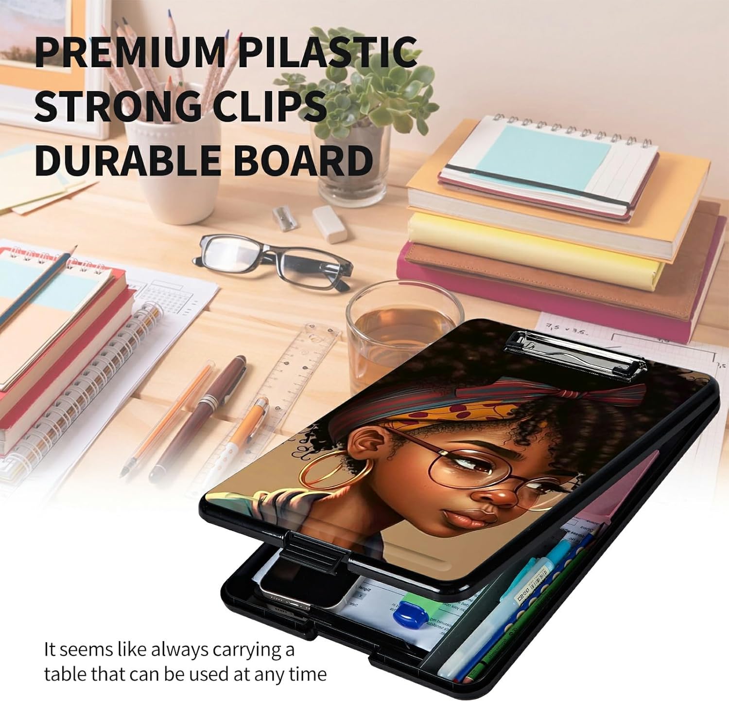 A4 Clipboards,Heavy Duty Waterproof Nursing Plastic Folder Clipboard with Storage Clip Boards,File Folder Storage Box Clipboard Case for Teacher,Doctor,Offices,Black African American