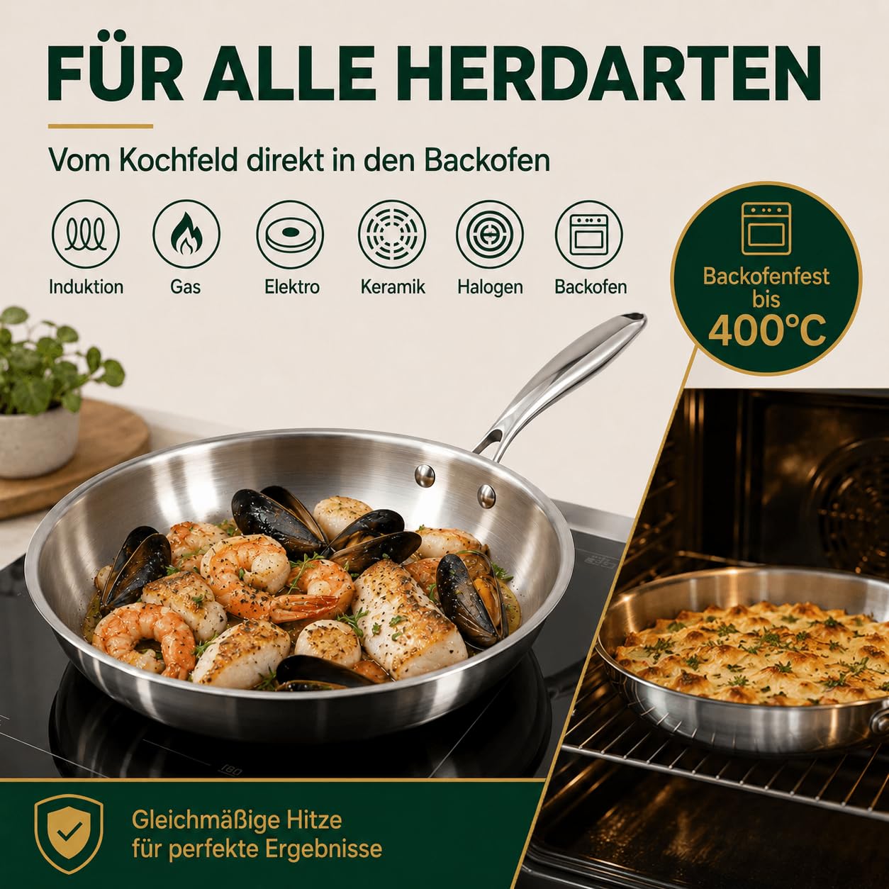 Edelstahlpfanne 28 cm mit Deckel, 5-Schicht Bratpfanne | Unbeschichtet, Gleichmäßige Wärmeverteilung, für Alle Herdarten, Ofenfest bis 400 °C, für Steak, Gemüse und Eier