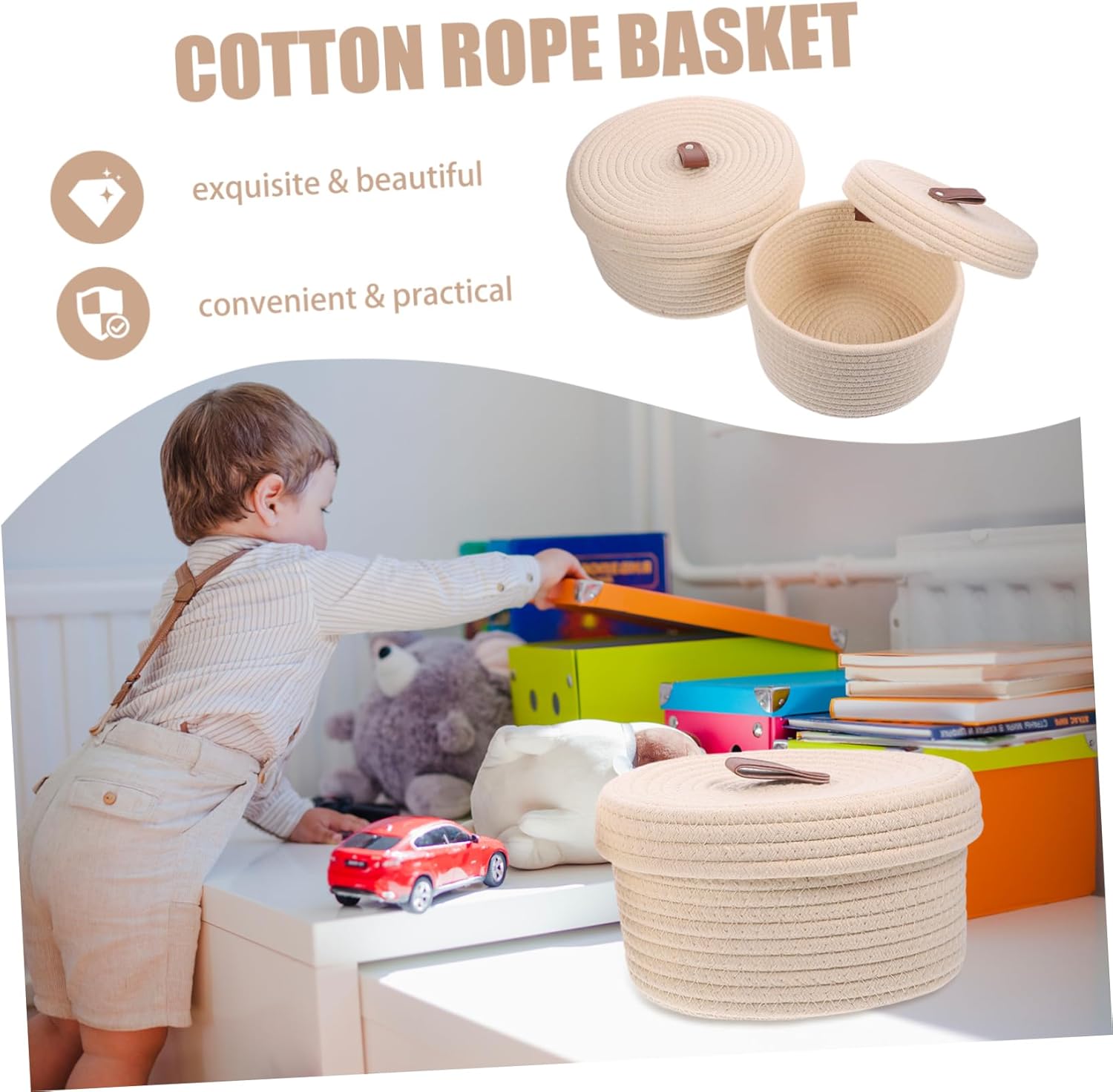 2pcs Cotton Rope Storage Basket with Lid Hand-woven Organizer for Sundries Toys and Snacks Stylish and Practical Home Storage Beige