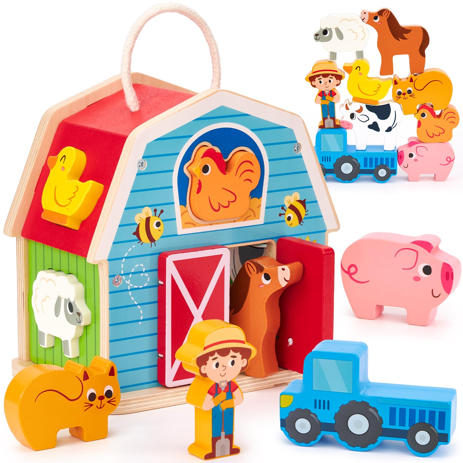 hahaland Juguetes Montessori 1 Año, 4 en 1 Juguete de Granja con 7 Animales & Granero, Juego Apilable y de Clasificación de Madera, Regalo para Niños de 1 a 3 Años